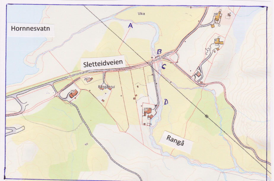 Kartutsnitt som viser de undersøkte lokalitetene i nedre del av Rangå.  