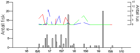 Sausvassdraget_Daglig oppvandring av sjøørret (n=99) i Sausvassdraget i 2012, og antall registrerte lus (larvestadier-rød, voksne stadier-blå og modne hunnlus-grønn) gjennom sesongen