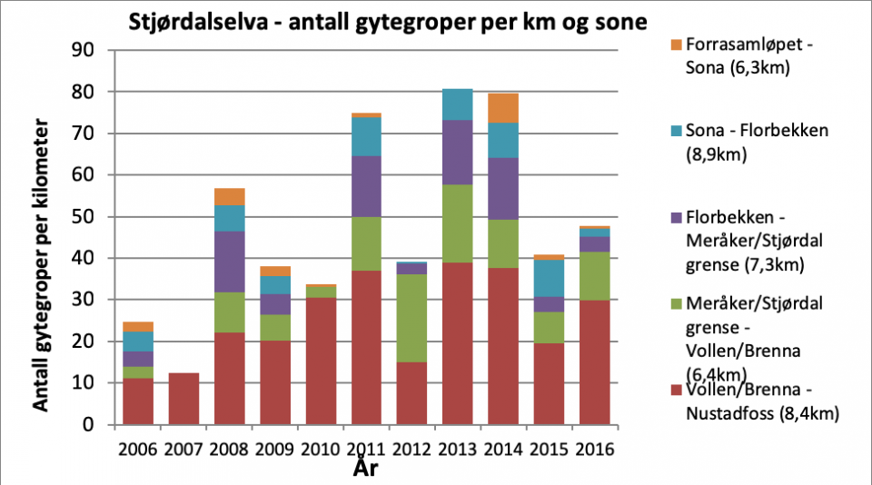 Antall gytegroper registrert per km elv på ulike strekninger pr. år for perioden 2006-2016 i Stjørdalselva.