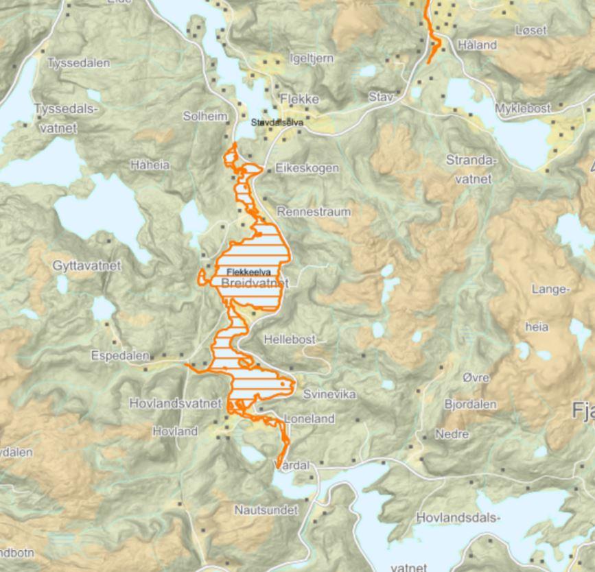 Lakseførende strekning i Flekkeelva er 10 km. Hentet fra Miljødirektoratet.