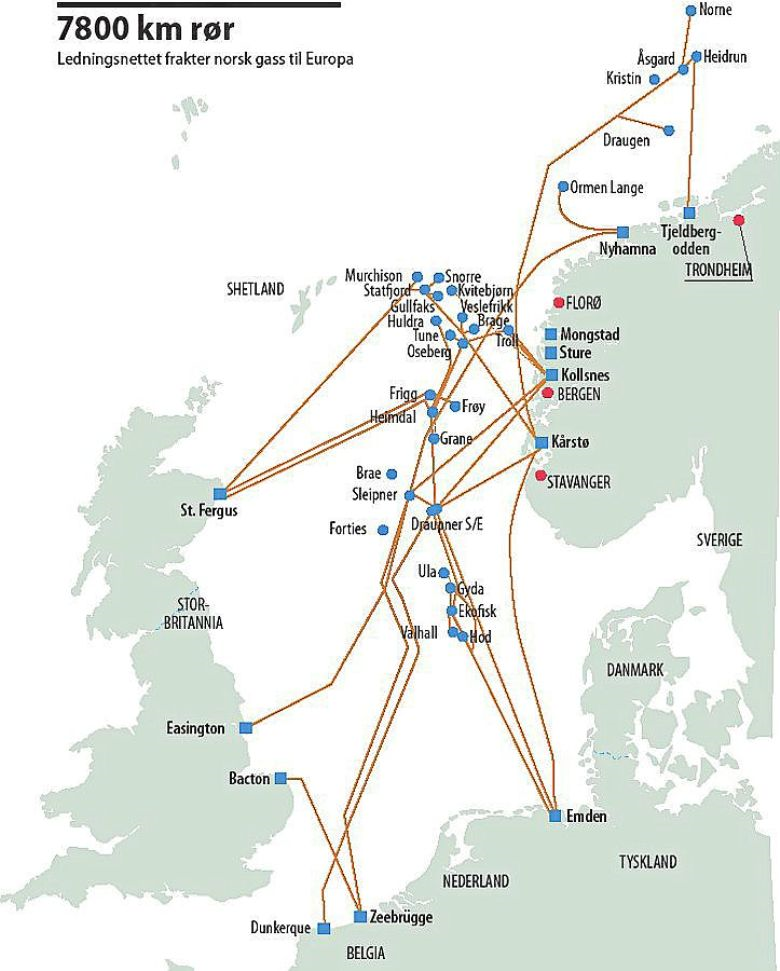 Gassrørledningsnettet mellom Norge og Europa, som Norske Lakseelver vil bruke en del av til kombinert lakseoppdrett og transport.
