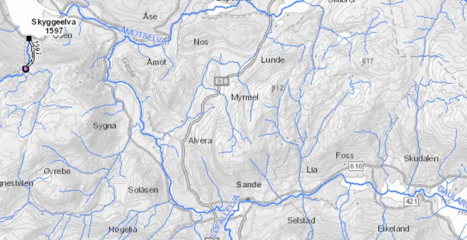 Det er ingen kraftutbygging i Gaularvassdraget. Hentet fra NVE-Atlas.