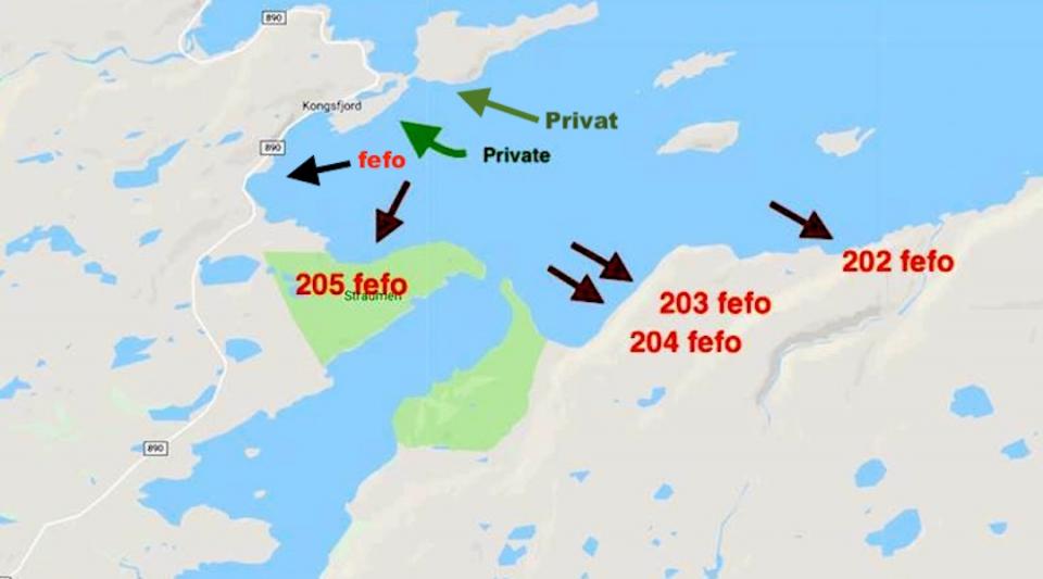 Slik var garnplassene spredt i fjorden utenfor Kongsfjordelva ifjor - trolig blir det samme iår.