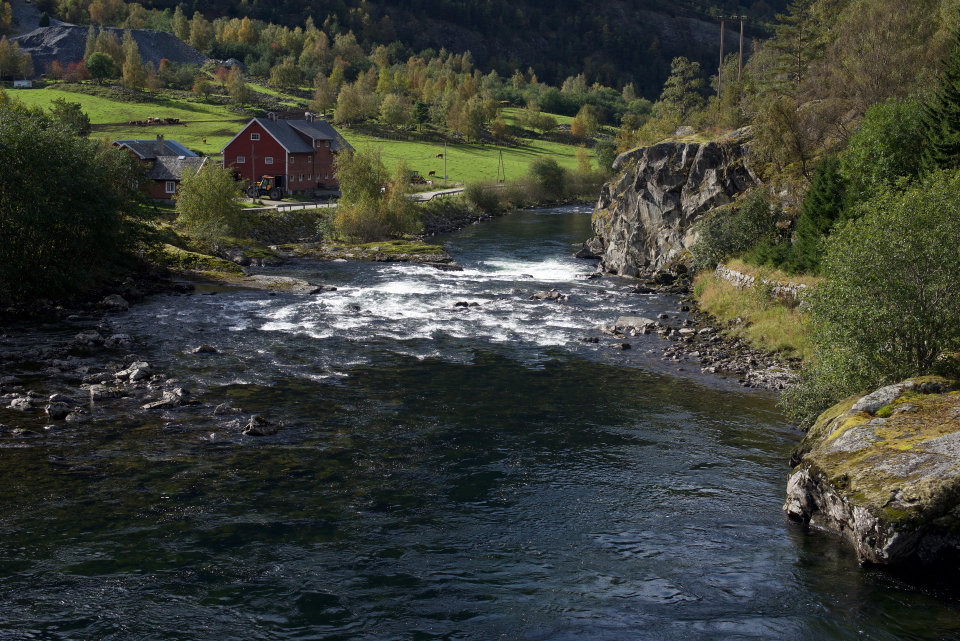 Friskmeldingen fra gyro gjør at laksetrappene kan åpnes. Når trappa i Sjurhaugfossen åpne, kan laksen komme opp forbi Øvre Kvamme (bildet) og videre oppover. Det åpner store fiske- og gytearealer.