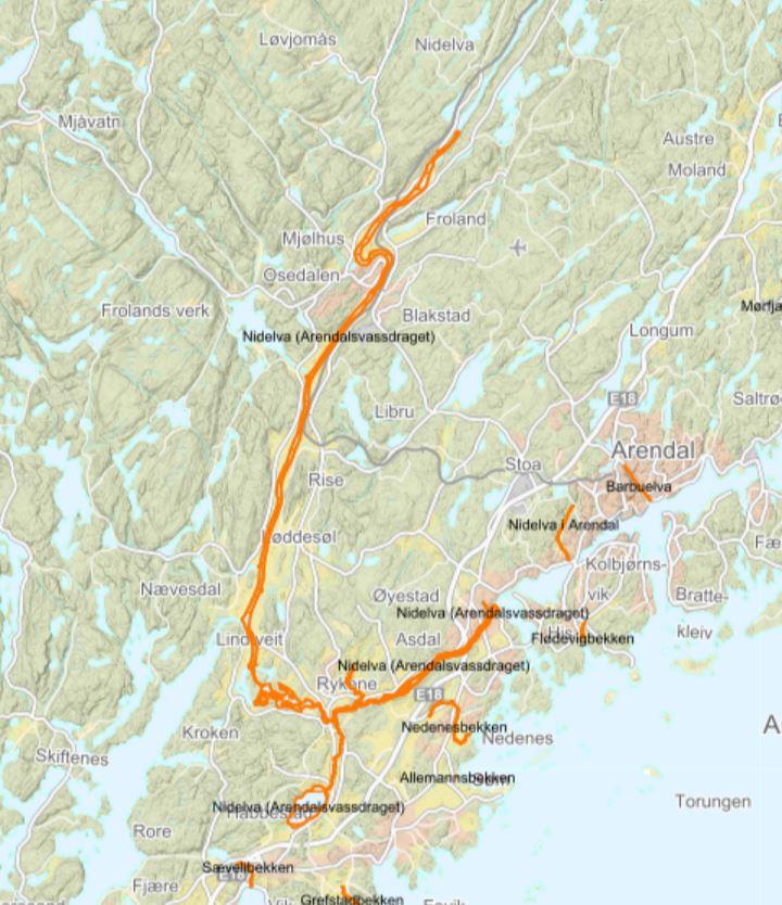 Lakseførende strekning er 31,9 km. Hentet fra Miljødirektoratet. 