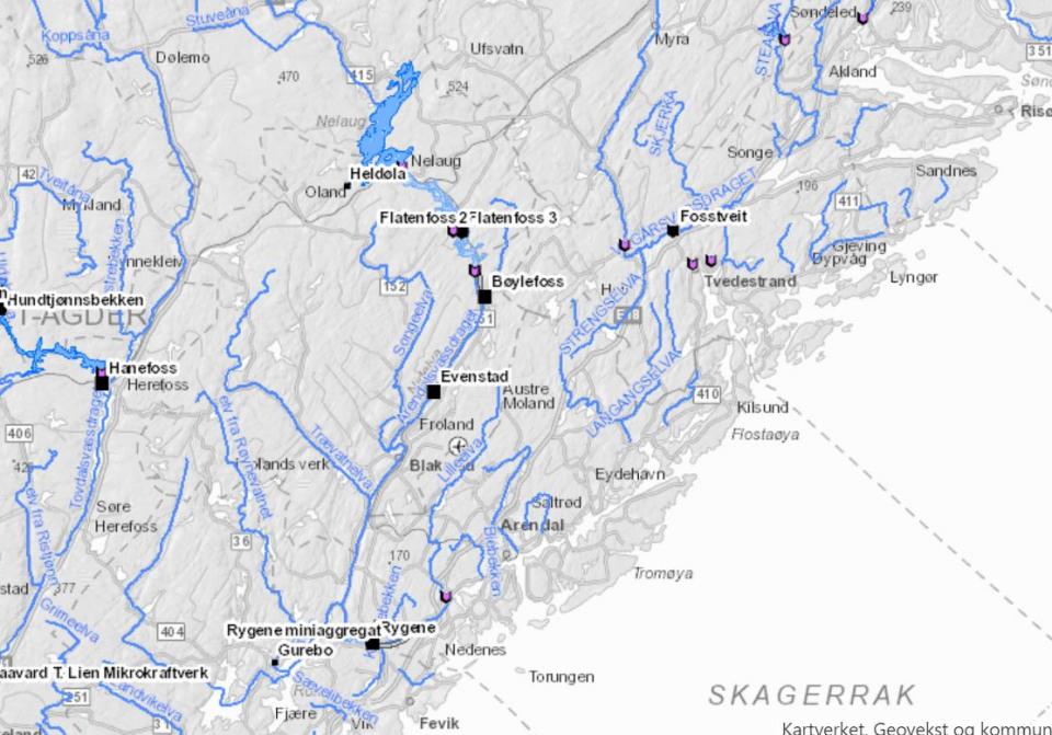 Nidelva er bygd ut med til sammen med 16 kraftverk. Hentet fra NVE-Atlas. 
