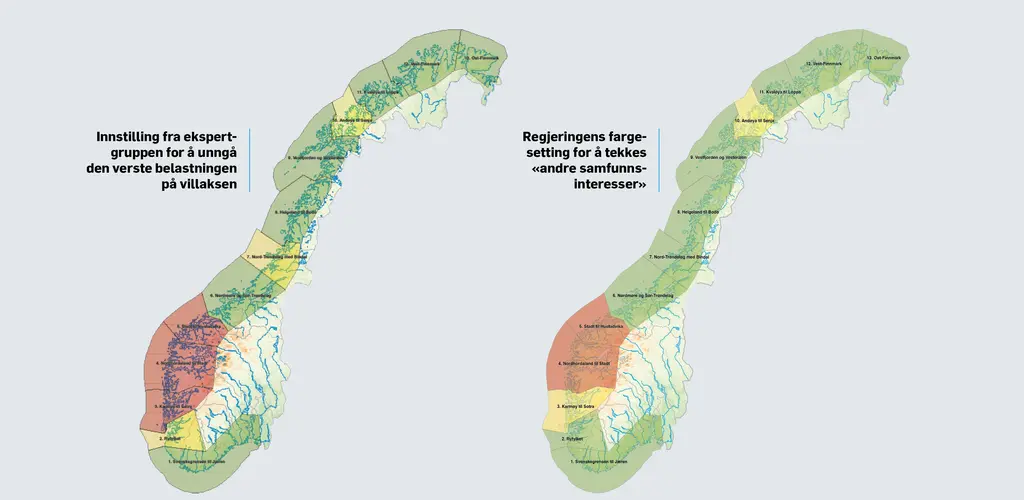 Ekspertgruppens vurdering til høyre og regjeringens avgjørelse til høyre.